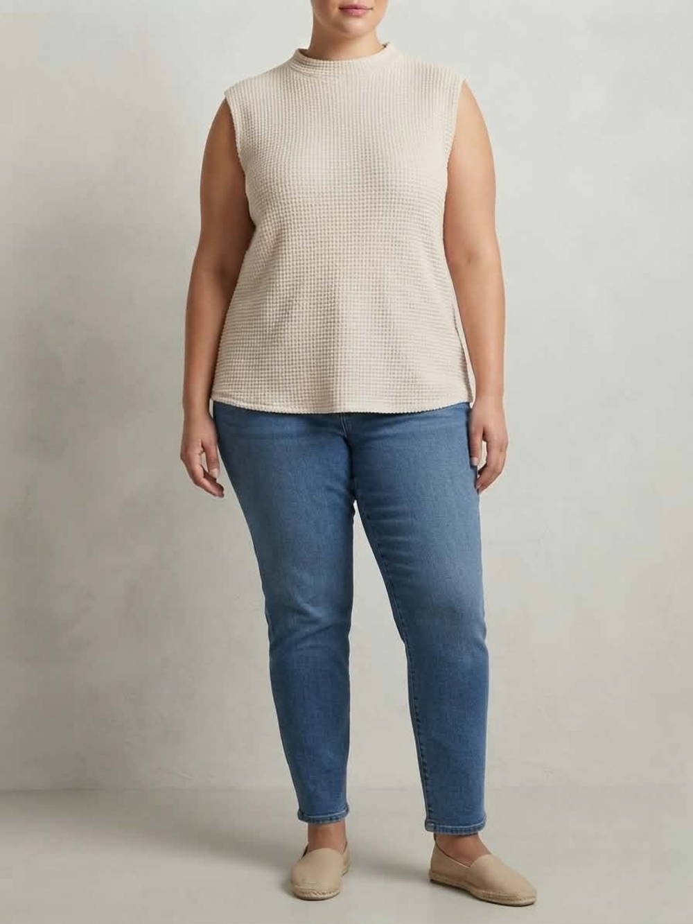 EUC Sleeveless Waffle Knit Top XL Cream Beige Mock Neck Textured